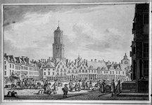 835586 Gezicht op de Neude te Utrecht met graanverkopers, uit het noordwesten, met rechts een gedeelte van het hoekhuis ...